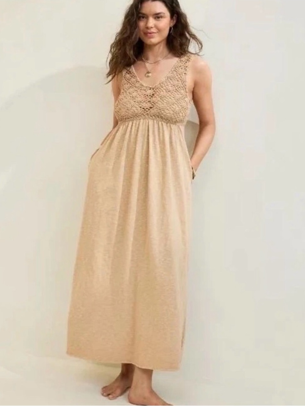 Aerie Tan Boho Crochet Bodice Maxi Dress size Small.